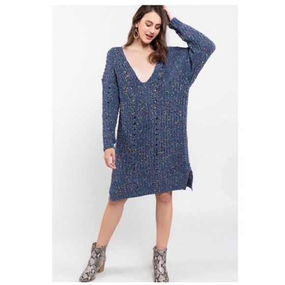 chenille V-Neck Sweater Dress In Indigo - Picture 3 of 10